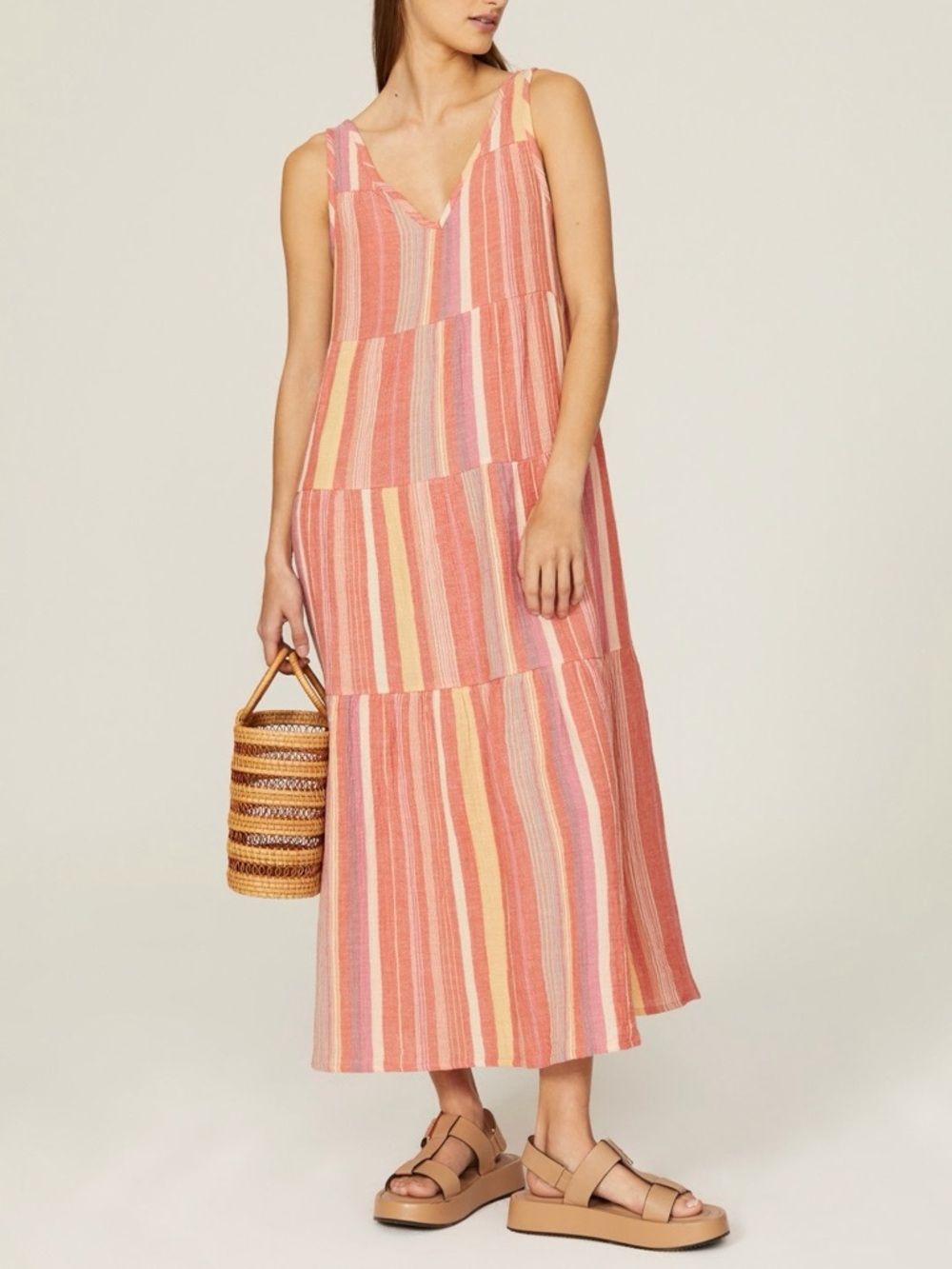 Marine Layer Corinne Striped Gauze Maxi Dress Coral Pink Size XS